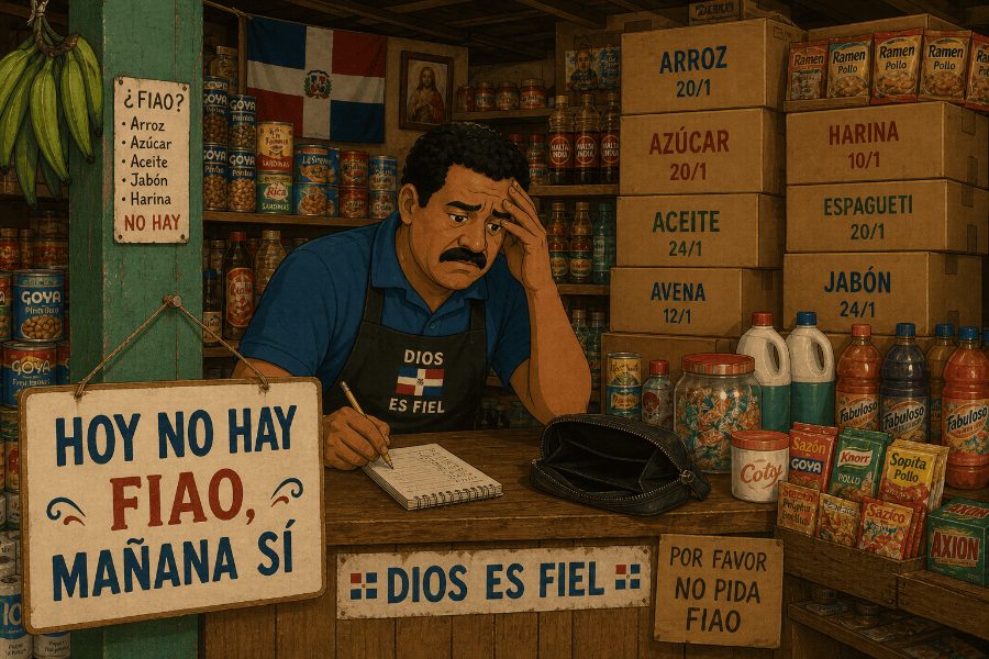 Colmadero dominicano preocupado detrás del mostrador con letrero que dice Hoy No Hay Fiao