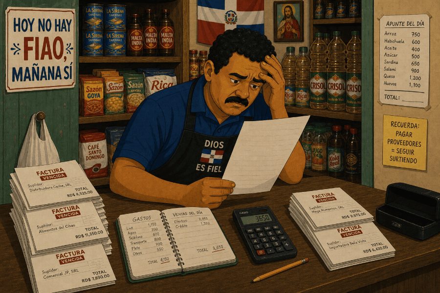 Colmadero dominicano revisando facturas vencidas de proveedores con calculadora y cuaderno de gastos