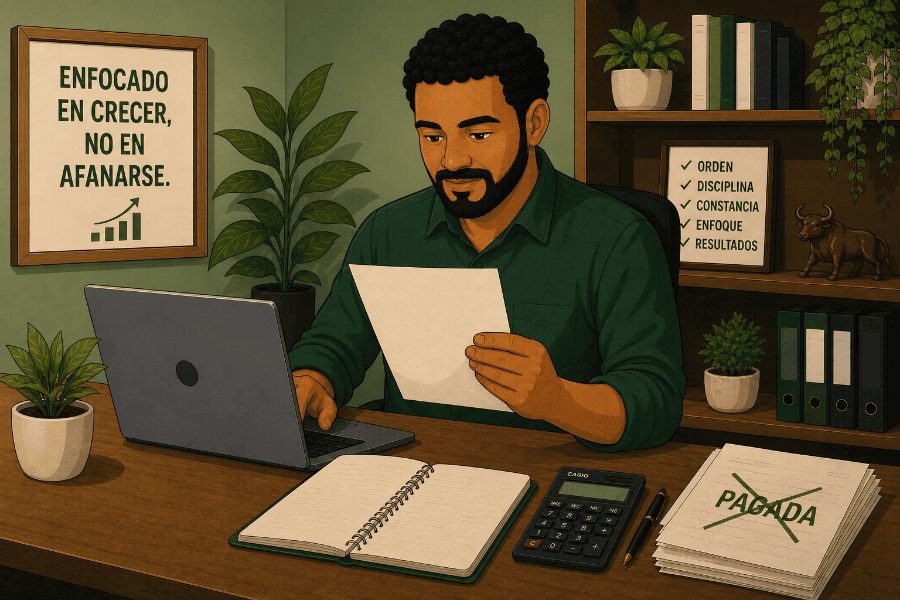 Empresario dominicano revisando documentos en su oficina con laptop, calculadora y facturas pagadas